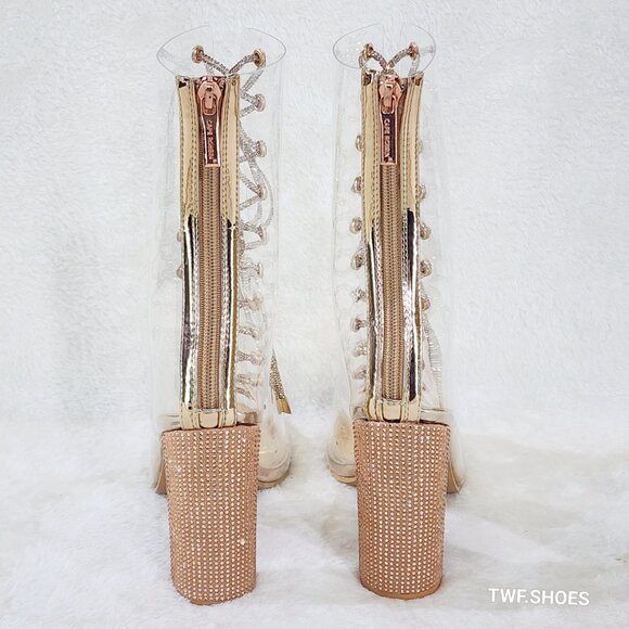 See Me Rose Gold Rhinestone Laces Heels Clear Upper Open Toe Ankle Boots NEW - Picture 8 of 13